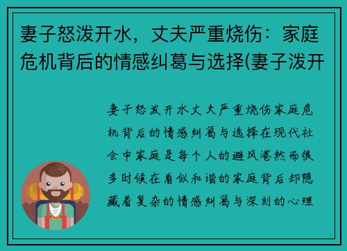妻子怒泼开水，丈夫严重烧伤：家庭危机背后的情感纠葛与选择(妻子泼开水致丈夫毁容是什么电视剧)