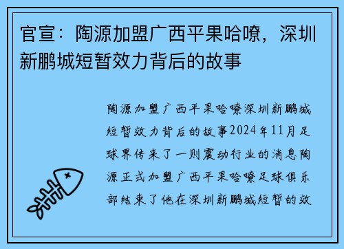 官宣：陶源加盟广西平果哈嘹，深圳新鹏城短暂效力背后的故事