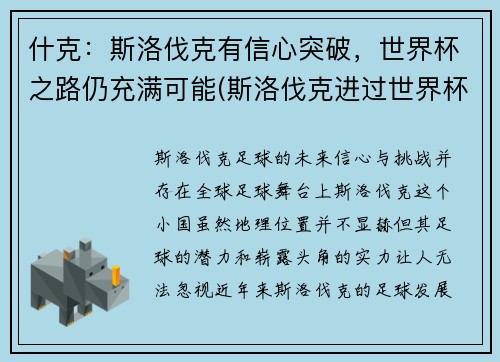 什克：斯洛伐克有信心突破，世界杯之路仍充满可能(斯洛伐克进过世界杯吗)