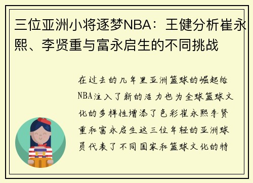 三位亚洲小将逐梦NBA：王健分析崔永熙、李贤重与富永启生的不同挑战