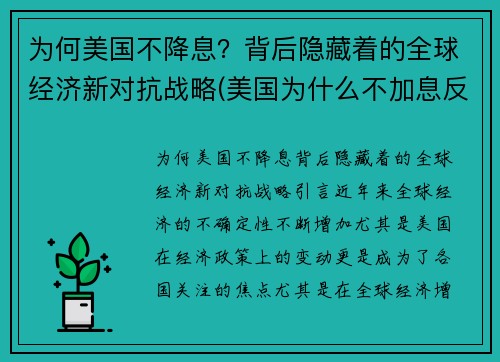 为何美国不降息？背后隐藏着的全球经济新对抗战略(美国为什么不加息反而降息)