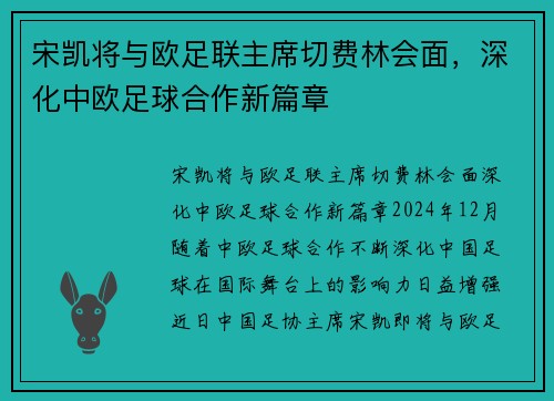 宋凯将与欧足联主席切费林会面，深化中欧足球合作新篇章