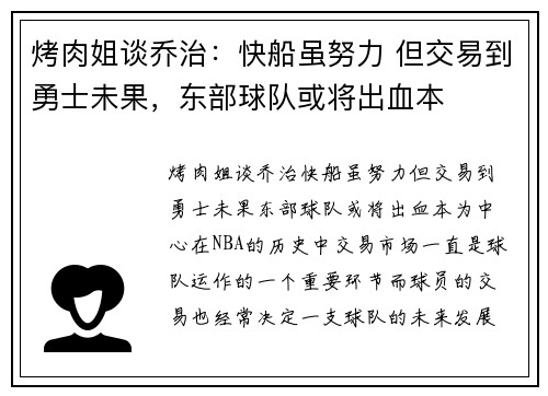 烤肉姐谈乔治：快船虽努力 但交易到勇士未果，东部球队或将出血本