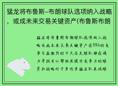 猛龙将布鲁斯-布朗球队选项纳入战略，或成未来交易关键资产(布鲁斯布朗续约)